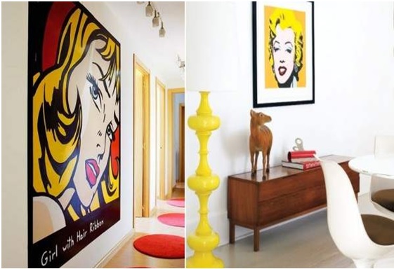 Intérieur de style arty : grande toile pop art, portrait de Marilyn et vase jaune sculptural