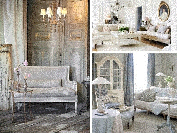 Décoration shabby chic : meubles blancs patinés, lustre à pampilles et tons pastel