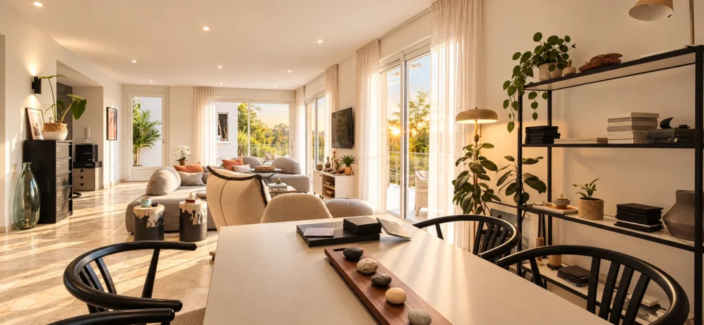 Aménagement de séjour sur mesure réunissant salon et salle à manger ouverts sur la terrasse