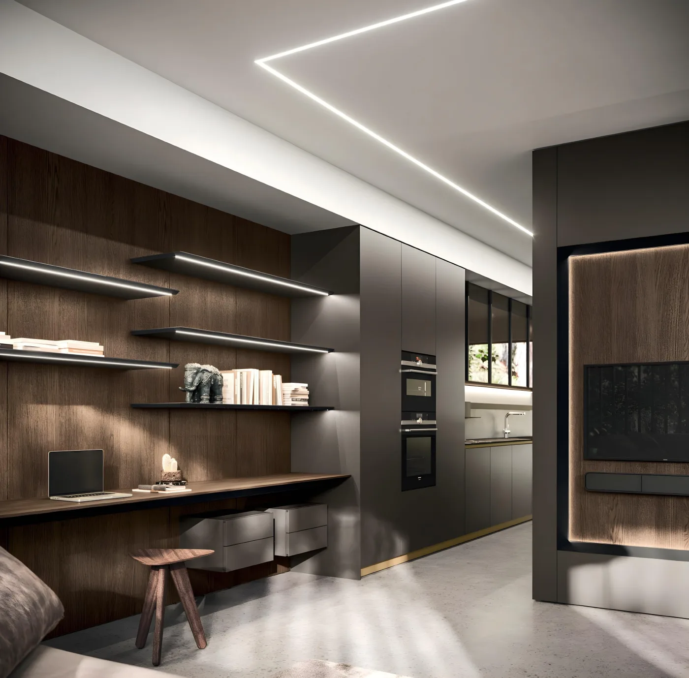 Bibliothèque sur mesure à niches en bois avec plan de travail intégré