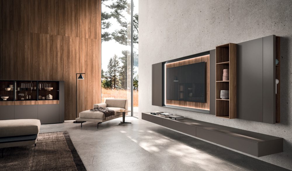 Meuble TV mural et bibliothèque sur mesure dans un séjour lumineux