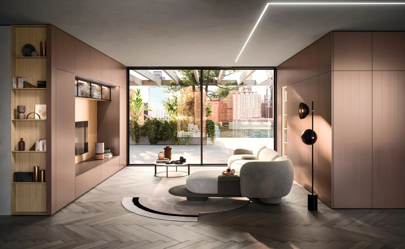 Séjour aux tons poudrés ouvert sur un patio, agencement et décoration sur mesure